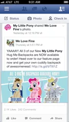 Size: 640x1136 | Tagged: safe, derpibooru import, derpy hooves, doctor whooves, pinkie pie, time turner, pegasus, pony, backpack, best pony, cupcake, doctor who, facebook, female, food, hasbro, mare, muffin, rainbow cupcake, sonic screwdriver, welovefine