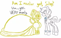 Size: 1280x800 | Tagged: safe, artist:familywing, derpibooru import, oc, oc:golden brisk, oc:silver breeze, unofficial characters only, pony, unicorn, bowtie, clothes, colt, crossdressing, dress, female, goldeeze, male, manly, mare, reverse trap, suit, trap