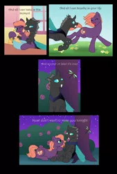 Size: 813x1200 | Tagged: safe, artist:merrypaws, derpibooru import, oc, oc:cotton, oc:greg, unofficial characters only, changeling, dragonfly, insect, pony, comic:iris, baking, comic, eyes closed, happy, interspecies, laughing, looking at each other, love, one eye closed, open mouth, running, smiling