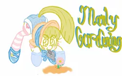Size: 1280x800 | Tagged: artist:familywing, blushing, bonnet, butt, clothes, colt, crossdressing, daisy dukes, derpibooru import, flank, flower, gardening, male, mouth hold, oc, oc:golden brisk, plot, safe, shorts, socks, solo, striped socks, text, trowel, unofficial characters only