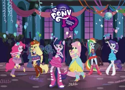 Size: 3333x2408 | Tagged: safe, derpibooru import, official, apple bloom, applejack, fluttershy, pinkie pie, rainbow dash, rarity, sci-twi, scootaloo, scott green, scribble dee, sophisticata, sweet leaf, sweetie belle, teddy t. touchdown, twilight sparkle, velvet sky, equestria girls, equestria girls (movie), background human, balloon, bare shoulders, boots, bracelet, clothes, cutie mark crusaders, dancing, disco ball, dress, equestria girls prototype, fall formal, fall formal outfits, high heel boots, humane five, humane six, jewelry, mane six, ponied up, shoes, sleeveless, strapless, twilight ball dress