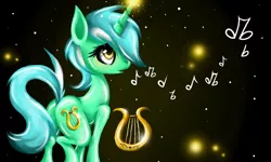 Size: 600x360 | Tagged: dead source, safe, artist:silvercommando, derpibooru import, lyra heartstrings, pony, unicorn, lyre, music notes, musical instrument, sad, solo