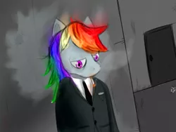 Size: 1024x768 | Tagged: artist:caballinedreams, businessmare, cigarette, clothes, derpibooru import, rainbow dash, safe, smoking, solo, suit