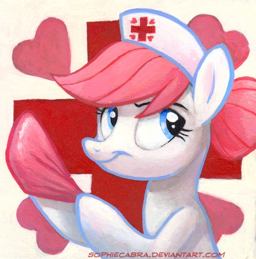 Size: 500x505 | Tagged: safe, artist:kenket, artist:spainfischer, derpibooru import, nurse redheart, earth pony, pony, bust, female, gloves, hat, mare, nurse, nurse hat, rubber gloves, solo, traditional art