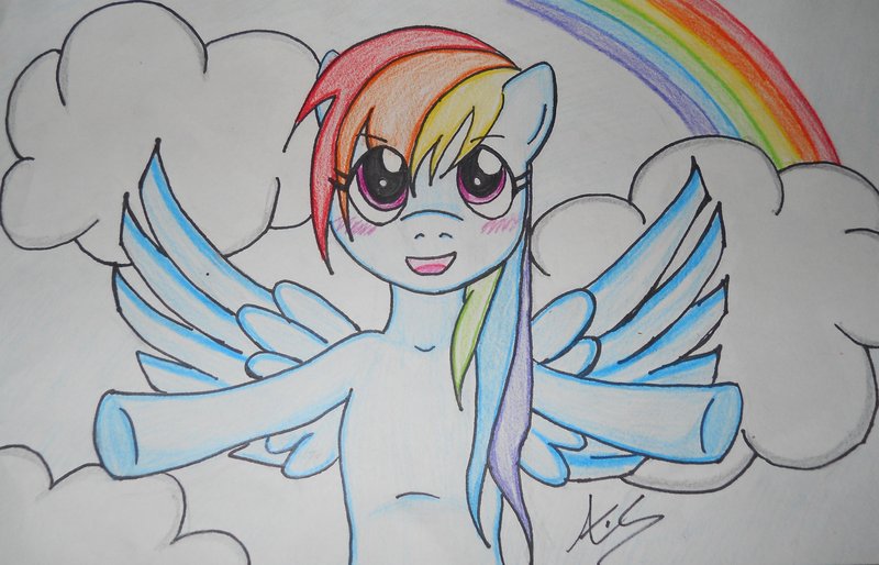 Size: 800x514 | Tagged: artist:amaranthialunaris, blushing, cloud, cloudy, derpibooru import, rainbow, rainbow dash, safe, solo