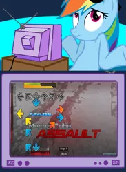 Size: 563x769 | Tagged: derpibooru import, exploitable meme, meme, obligatory pony, rainbow dash, safe, shrug, stepmania, tv meme