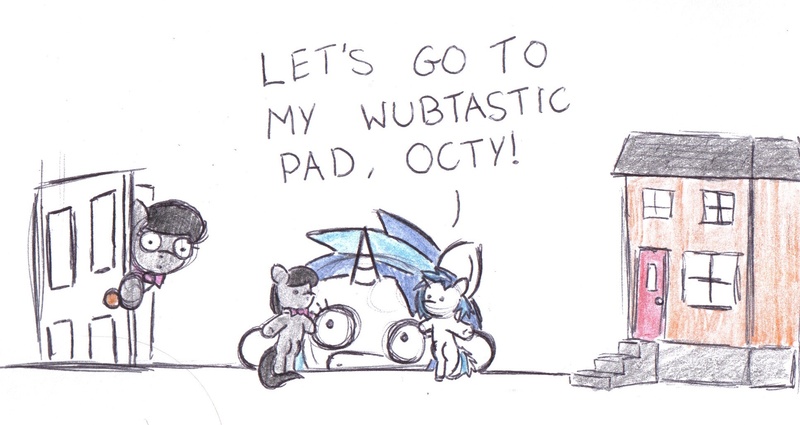 Size: 1932x1026 | Tagged: safe, artist:bobthedalek, derpibooru import, octavia melody, vinyl scratch, earth pony, pony, unicorn, doll, door, toy, traditional art, wub