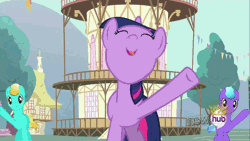 Size: 720x405 | Tagged: safe, derpibooru import, screencap, bright smile, castle (crystal pony), rubinstein, twilight sparkle, crystal pony, pony, unicorn, magical mystery cure, animated, female, hub logo, hubble, male, mare, ponyville town hall, stallion, town hall, unicorn twilight, water, wet, wet mane