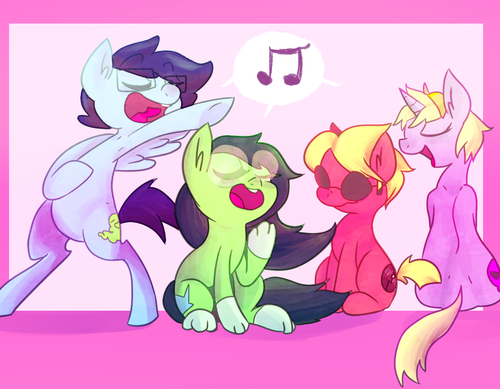 Size: 500x389 | Tagged: safe, artist:spanish-scoot, derpibooru import, ponified, pony, beta kids, dave strider, glasses, homestuck, jade harley, john egbert, music notes, paws, rose lalonde, scrunchy face, singing