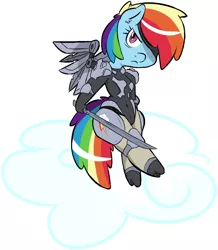 Size: 828x951 | Tagged: dead source, safe, artist:sweethd, derpibooru import, rainbow dash, cyborg, pegasus, pony, amputee, artificial wings, augmented, cloud, female, konami, mare, metal gear, prosthetic limb, prosthetic wing, prosthetics, raiden, simple background, sitting, solo, sword, weapon, white background, wings