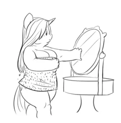 Size: 707x720 | Tagged: anthro, artist:carnifex, breasts, chubbity, chubby, dead source, derpibooru import, double chin, fat, fat boobs, female, mirror, monochrome, raritubby, rarity, solo, solo female, suggestive, towel, wet, wet mane, wet mane rarity