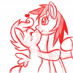 Size: 1280x1280 | Tagged: safe, artist:sdteddybear, derpibooru import, rainbow dash, scootaloo, pegasus, pony, blush sticker, blushing, eyes closed, female, filly, heart, hug, kissing, lesbian, mare, monochrome, plushie, scootadash, shipping, simple background, sketch, smiling, spread wings, white background, wings