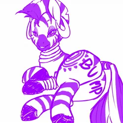 Size: 1280x1280 | Tagged: artist:sdteddybear, bedroom eyes, body writing, bump, butt, derpibooru import, female, monochrome, plot, side, solo, solo female, suggestive, zebra, zecora