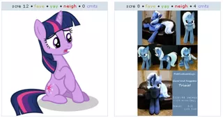 Size: 527x280 | Tagged: derpibooru, derpibooru import, exploitable meme, juxtaposition, juxtaposition win, meme, meta, safe, trixie, twilight sparkle