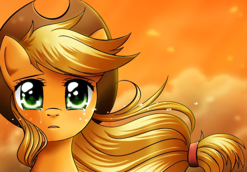 Size: 1468x1024 | Tagged: applejack, artist:princesssilverglow, crying, derpibooru import, sad, safe, solo, windswept mane