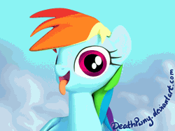 Size: 640x480 | Tagged: safe, artist:deathpwny, derpibooru import, rainbow dash, pegasus, pony, 3d, adoracreepy, animated, blender, blender cycles, cloud, creepy, cute, cycles, dashabetes, female, flapping, flying, gif, licking, looking at you, mare, open mouth, silly, silly pony, sky, smiling, solo, tongue out