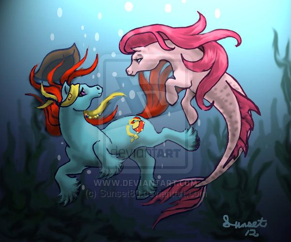 Size: 600x500 | Tagged: artist:sunset80, barnacle, derpibooru import, g1, hippocampus, merpony, safe, swimming, underwater, watermark