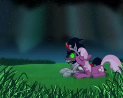 Size: 1600x1280 | Tagged: safe, artist:evil-dec0y, derpibooru import, cheerilee, king sombra, earth pony, pony, unicorn, aurora borealis, blushing, crack shipping, female, grass, kiss on the cheek, kissing, male, mare, night, prone, shipping, sombralee, stallion, straight, surprised