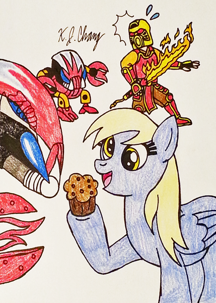 Size: 637x890 | Tagged: safe, artist:stealthninja5, derpibooru import, derpy hooves, pegasus, pony, bionicle, bohrok, crossover, female, food, lego, mare, muffin, tahnok, tahu, traditional art