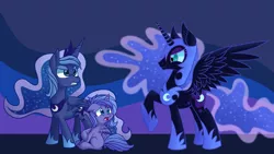 Size: 2562x1441 | Tagged: artist:wildberry-poptart, derpibooru import, female, filly, lunar trinity, nightmare moon, princess luna, safe, self ponidox, woona, younger