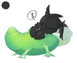 Size: 1630x1350 | Tagged: artist:equestria-prevails, bed, changeling, cocoon, cute, cuteling, derpibooru import, doomie, eyes closed, male, nose wrinkle, on back, safe, simple background, sleeping, smiling, solo, transparent background, vector, wavy mouth, z