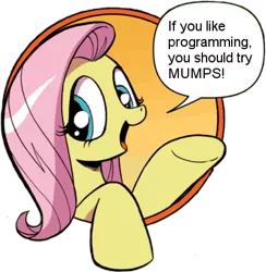 Size: 421x431 | Tagged: bad advice fluttershy, derpibooru import, exploitable meme, fluttershy, idw, meme, mumps, programming, safe, solo