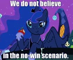 Size: 877x720 | Tagged: apple, caption, derpibooru import, food, image macro, princess luna, quote, royal we, safe, solo, star trek, text