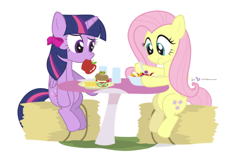 Size: 1350x900 | Tagged: safe, artist:dm29, derpibooru import, fluttershy, twilight sparkle, twilight sparkle (alicorn), alicorn, pegasus, pony, :t, apple, bow, burger, cherry, confused, duo, eating, female, food, french fries, frown, fruit salad, glass, grapes, hair bow, hay bale, hay burger, hay fries, herbivore, hoof hold, hoof-friendly tool, looking at something, looking down, mare, mouth hold, nom, orange, puffy cheeks, raised eyebrow, salad, sandwich, simple background, sitting, smiling, spoon, strawberry, table, transparent background, water