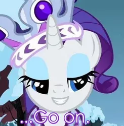 Size: 436x444 | Tagged: caption, derpibooru import, go on, image macro, intrigued, princess platinum, rarity, reaction image, safe, solo, text