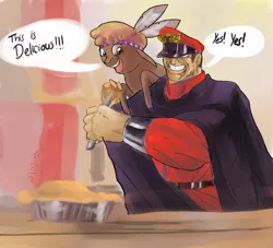 Size: 2024x1839 | Tagged: artist:tofutiles, bison yes, crossover, derpibooru import, food, human, little strongheart, m. bison, pie, safe, street fighter