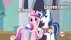 Size: 350x197 | Tagged: 4chan, a canterlot wedding, derpibooru import, duo, edit, edited screencap, fake cadance, hoof around neck, hoof on shoulder, hubble, hub logo, lauren faust, lauren-faust-visiting-4chan-gate, meta, princess cadance, queen chrysalis, roflbot, safe, screencap, shining armor, the hub