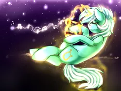 Size: 1024x768 | Tagged: safe, artist:mixipony, derpibooru import, lyra heartstrings, pony, unicorn, lidded eyes, lyre, magic, music, music notes, musical instrument, smiling, solo