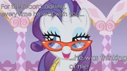 Size: 1280x720 | Tagged: burn, caption, catty, derpibooru import, glasses, image macro, netorarity, rarity, safe, solo, text