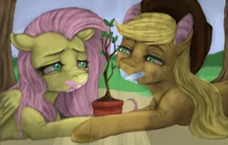 Size: 936x595 | Tagged: applejack, artist:colorlesscupcake, bandaid, derpibooru import, fluttershy, gag, safe, tape, tape gag, tree