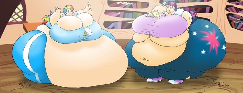 Size: 1441x554 | Tagged: questionable, artist:puppypump101, derpibooru import, rainbow dash, twilight sparkle, human, bbw, belly, big belly, big breasts, book, breasts, busty rainbow dash, busty twilight sparkle, butt, cleavage, fat, female, golden oaks library, huge belly, huge breasts, huge butt, humanized, hyper, hyper breasts, impossibly large belly, impossibly large breasts, impossibly large butt, impossibly wide hips, large butt, morbidly obese, muffin top, obese, pouring, rainblob dash, rainbutt dash, spell gone wrong, ssbbw, tight, twilard sparkle, underboob, wide hips