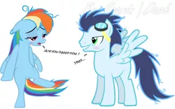 Size: 1024x640 | Tagged: suggestive, artist:soarinldash, derpibooru import, rainbow dash, soarin', aftersex, bedroom eyes, blushing, female, implied rape, male, messy mane, shipping, soarindash, straight, tired