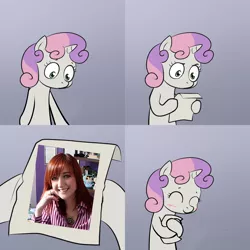 Size: 2000x2000 | Tagged: artist needed, comic, creator, derpibooru import, exploitable meme, hug, lauren faust, lined paper, meme, obligatory pony, safe, sweetie belle, sweetie hugs a note, sweetie's note meme, thanks to the creator