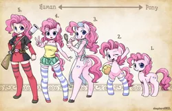 Size: 1600x1035 | Tagged: suggestive, artist:shepherd0821, derpibooru import, pinkie pie, anthro, earth pony, human, pony, unguligrade anthro, adorasexy, anthro chart, anthro with ponies, apron, ass, breasts, butt, clothes, cute, deadpool, deadpool is best pony, diapinkes, female, humanized, line-up, looking at you, mare, marvel, marvel comics, naked apron, one eye closed, open mouth, party cannon, peace sign, pinkiepool, sexy, shorts, smiling, socks, striped socks, thigh highs, tongue out, wink