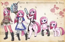 Size: 1600x1035 | Tagged: semi-grimdark, artist:shepherd0821, derpibooru import, pinkie pie, anthro, earth pony, human, pony, semi-anthro, unguligrade anthro, alice, alice madness returns, american mcgee's alice, anthro chart, anthro with ponies, apron, bipedal, chainsaw, chart, clothes, collar, denim shorts, freddy krueger, hobby horse, humanized, line-up, naked apron, nightmare on elm street, parody, pinkamena diane pie, reference sheet, shorts, slasher, socks, stockings, thigh highs
