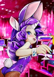Size: 1593x2253 | Tagged: artist:skyshek, ass, bunny ears, bunny suit, butt, clothes, cuffs (clothes), derpibooru import, drink, female, fishnets, horn, horned humanization, human, humanized, leotard, nail polish, pantyhose, playboy bunny, rarity, rearity, solo, solo female, suggestive, twilight sparkle, waitress
