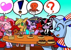 Size: 500x354 | Tagged: safe, derpibooru import, applejack, pinkie pie, trixie, twilight sparkle, earth pony, pony, unicorn, alternate universe, ask-gothtwi, ask-houtai-applejack, askharajukupinkiepie, clothes, female, food, heart, mare, oakatrixie, railfan twilight, restaurant, table, waitress