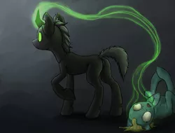 Size: 777x589 | Tagged: semi-grimdark, artist:etherjar, derpibooru import, oc, unofficial characters only, changeling, pony, changeling feeding, changeling magic, drained, draining, magic