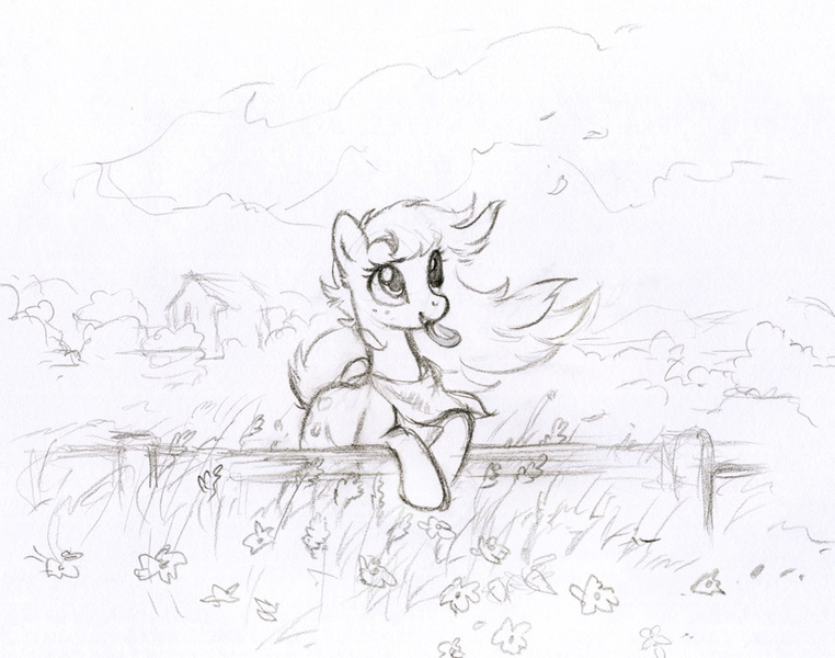 Size: 900x709 | Tagged: safe, artist:tomatocoup, derpibooru import, applejack, earth pony, pony, bandana, female, fence, loose hair, mare, monochrome, mouth hold, sketch, smiling, solo, windswept mane