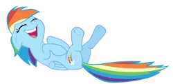 Size: 5700x2784 | Tagged: artist:yanoda, cute, derpibooru import, laughing, on back, rainbow dash, safe, simple background, solo, transparent background, vector