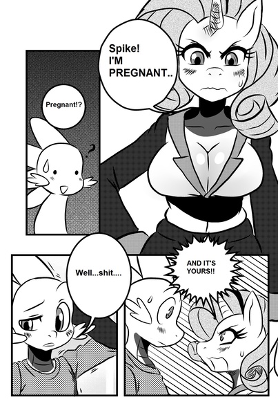 Size: 1280x1905 | Tagged: safe, artist:ss2sonic, derpibooru import, edit, rarity, spike, anthro, breasts, busty rarity, cleavage, comic, exploitable meme, female, male, manga, meme, monochrome, shipping, sparity, sparity manga, straight