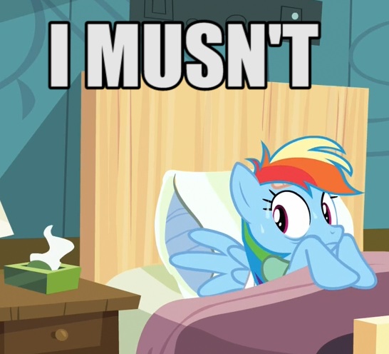 Size: 546x496 | Tagged: bed, caption, derpibooru import, edit, edited screencap, hospital, image macro, rainbow dash, read it and weep, screencap, solo, suggestive, sweat, text, tissue