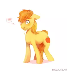 Size: 1118x1186 | Tagged: artist:imalou, blushing, braeburn, derpibooru import, embarrassed, safe, solo