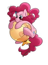 Size: 723x976 | Tagged: safe, artist:secret-pony, derpibooru import, pinkie pie, earth pony, pony, balloon, floating, ribbon, solo, then watch her balloons lift her up to the sky, tongue out