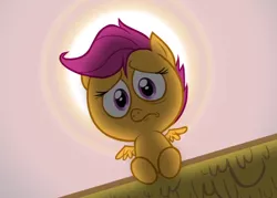 Size: 1280x914 | Tagged: artist:hotdiggedydemon, cute, derpibooru import, frown, looking at you, looking down, .mov, pony.mov, sad, safe, scootaloo, scootasad, solo, sun, swag.mov