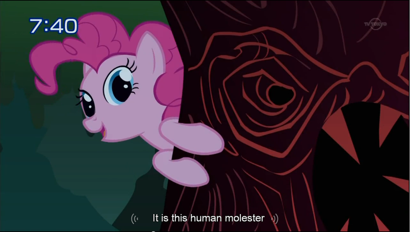 Size: 1280x724 | Tagged: caption, derpibooru import, edit, edited screencap, friendship is magic, implied human, implied molestation, meme, pinkie pie, screencap, solo, suggestive, tree, tv tokyo, youtube caption